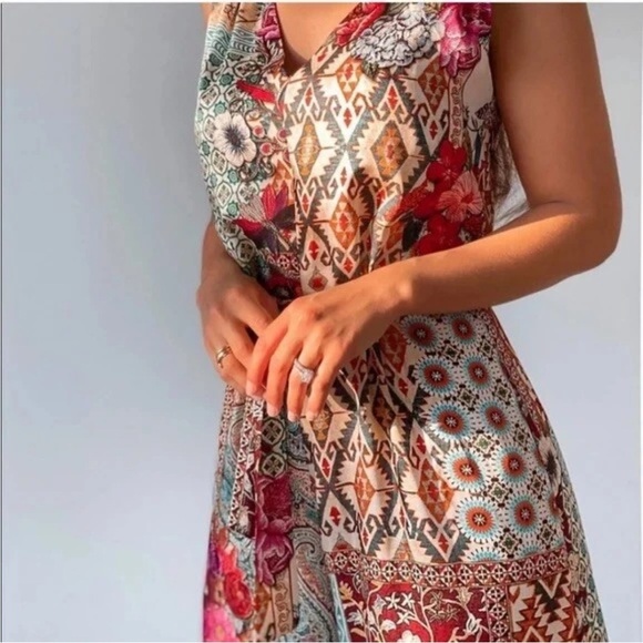 Zara Patchwork Printed Jumpsuit Multicoloured Size Medium Wide Leg Belted Satin - Picture 4 of 16